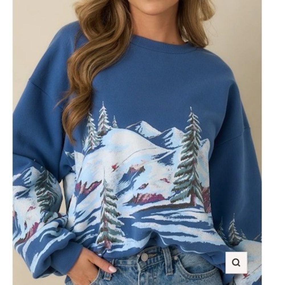 Daydreamer LA Red Dress Ski Dark Blue Multi Cotton Crewneck Sweatshirt S/M NEW - Picture 2 of 9